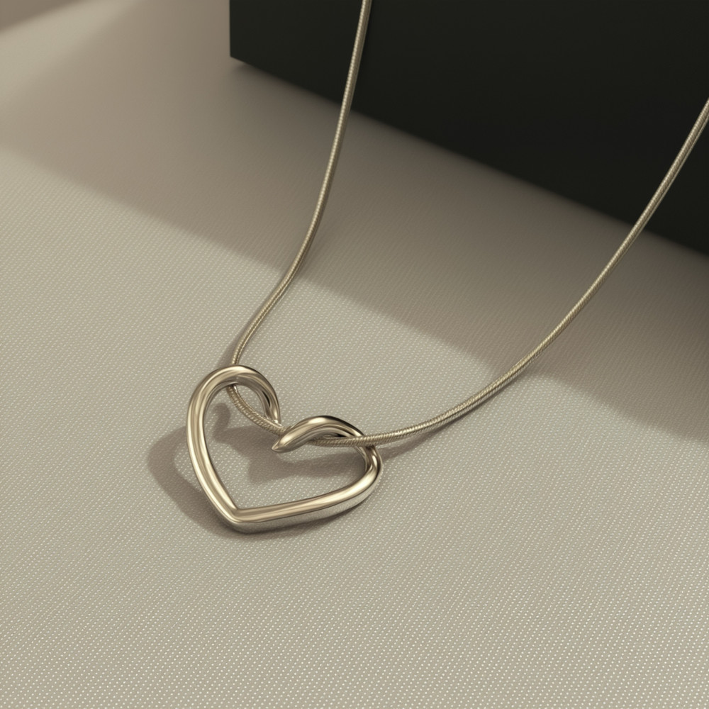 Minimalist Silver Tone Open Heart Pendant Necklace, 18 in, Titanium Steel