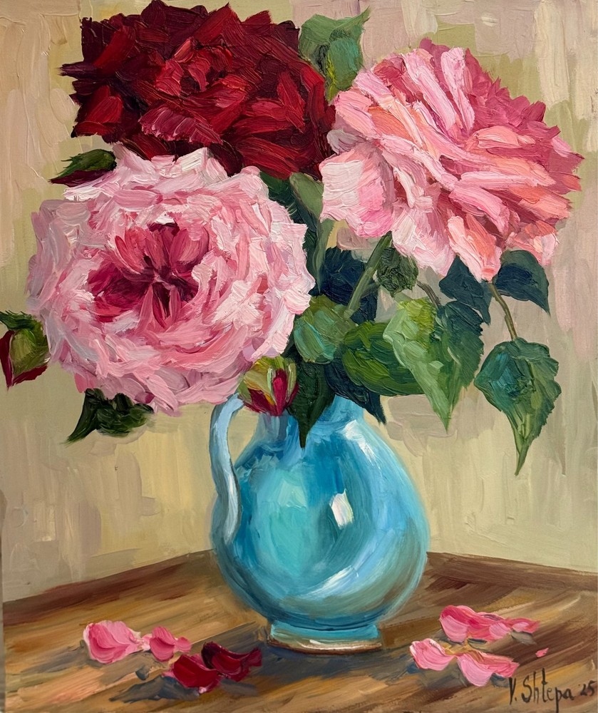 Original Oil Painting Blooming Roses Flowers Still life Vintage Vase Signed Art