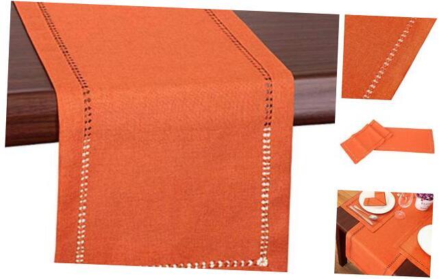 Grelucgo Handmade Hemstitch Orange Thanksgiving Table Runner, Fall 14 x 90