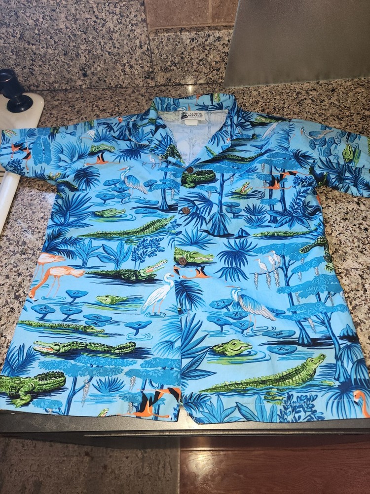 Aloha Republic Hawaiian Shirt ALIGATOR AND BIRDS Cotton Size 14 BOYS
