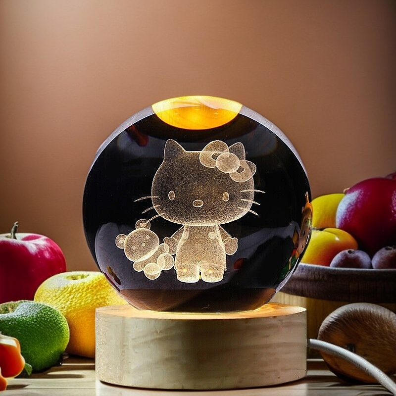 3D Carve Crystal Ball (KT&Bear) Night Light with Wooden Base Kids Gift Healing