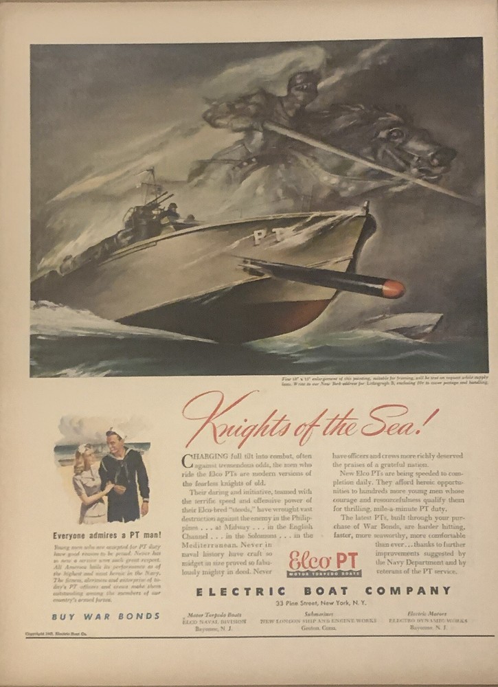 1943 Elco PT Boat WWII US Navy Motor Torpedo Boat Vintage Print Ad Electric Boat Co