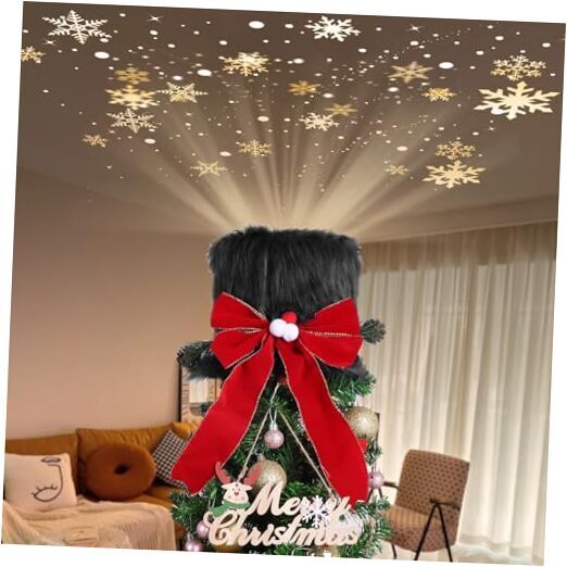 Christmas Tree Topper Hat with 3D LED Rotating Snowflake Projector Plush Black