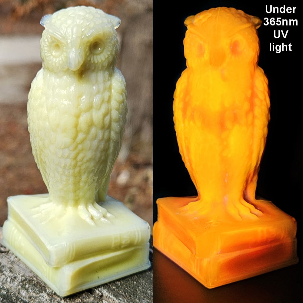 VINTAGE DEGENHART YELLOW GLASS OWL FIGURINE GLOWS ORANGE CADMIUM CUSTARD #1 UV