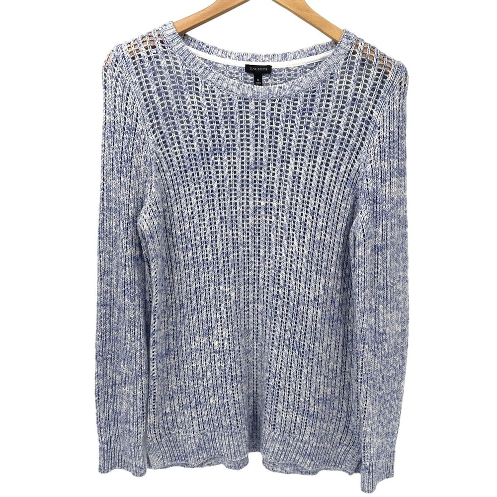 Talbots Sweater Womens Medium Open Knit Pullover Blue White Marled