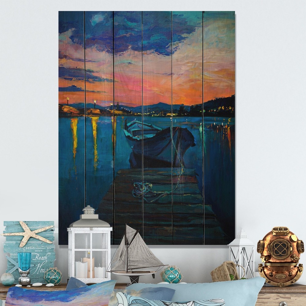 Designart 'Boat On Dock At Night' Nautical & Coastal Wood