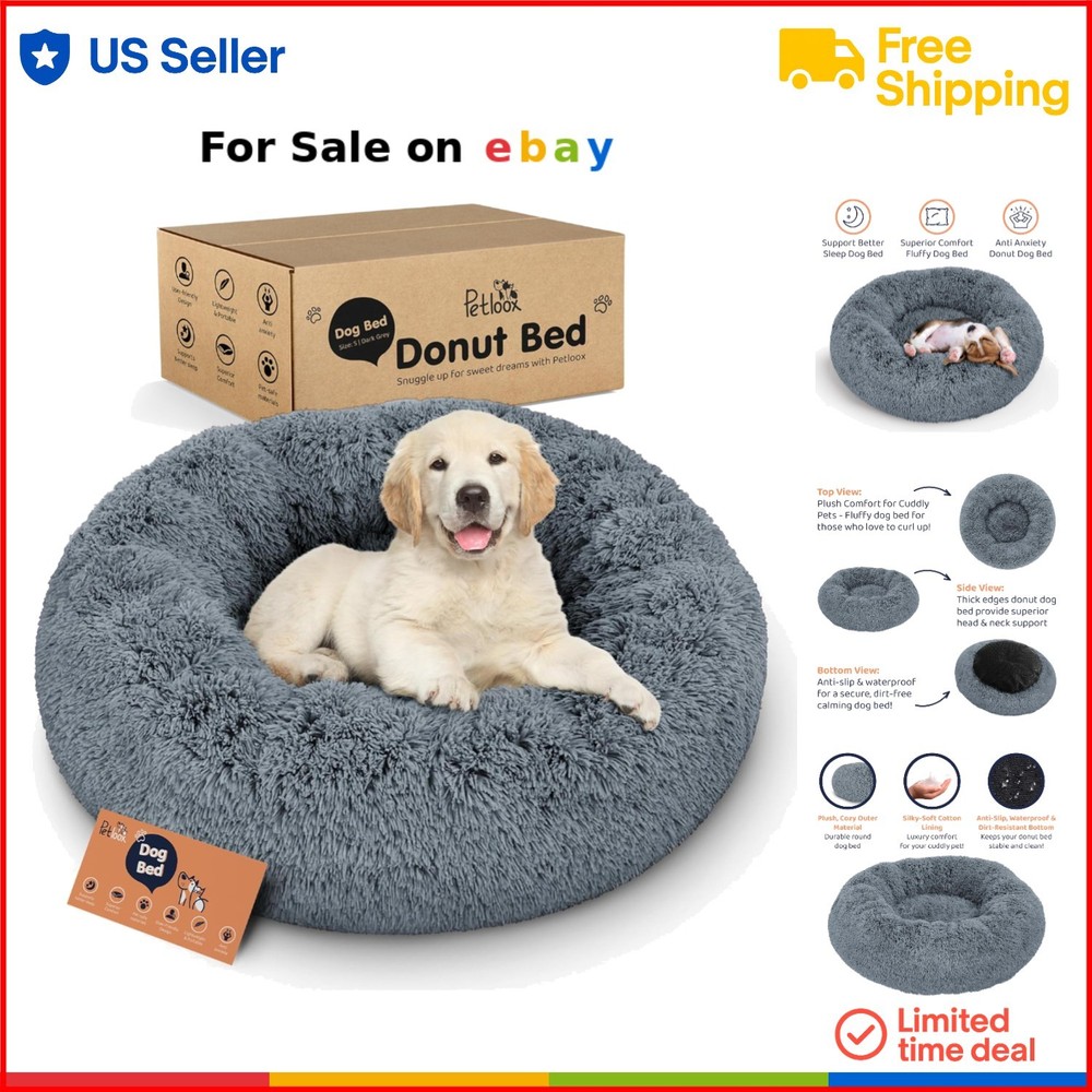 Plush Donut Dog Bed for Small Pets Cozy Non-Skid Anxiety Relief