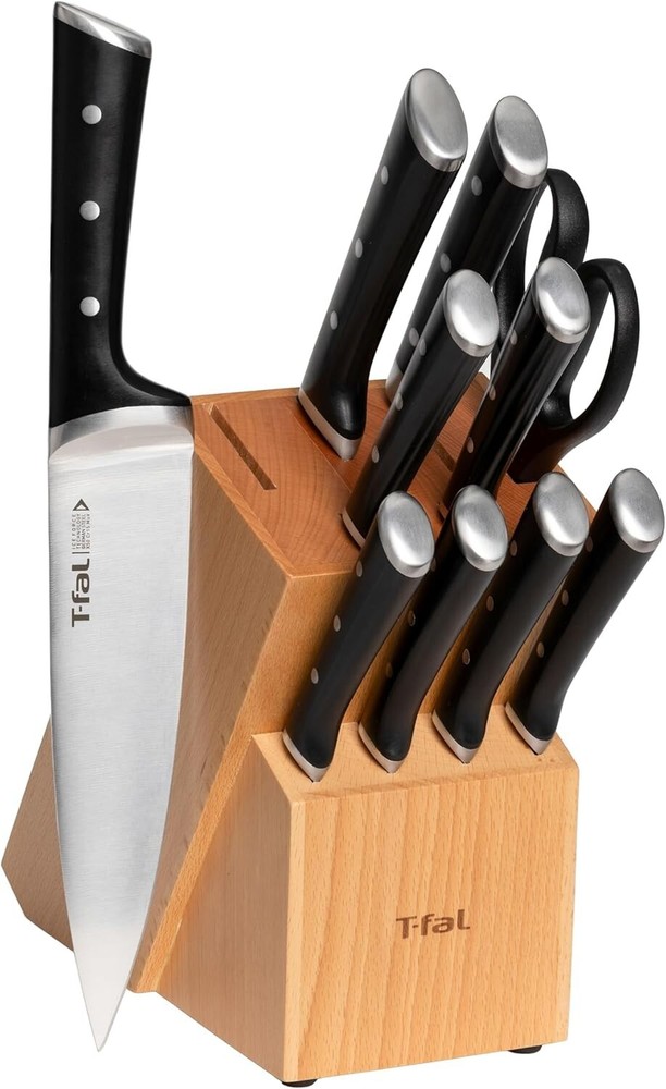 T-fal Ice Force German Stainless Steel Kitchen Knife Set & Wood Block 8 Pieces