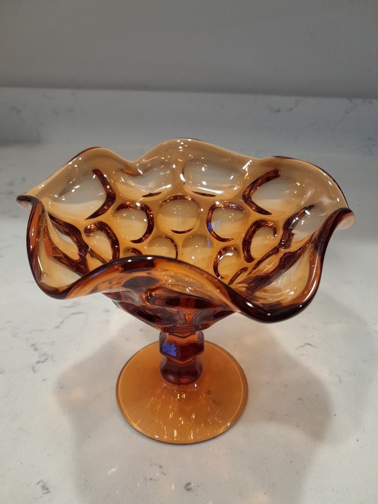Vintage Imperial Glass Amber Thumbprint Pedestal Compote Bowl with Ruffle Edge