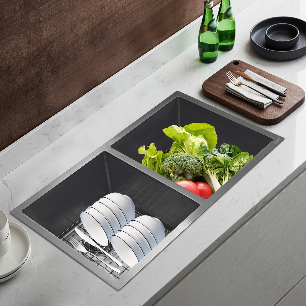 Double Bowl Composite Drop-In Kitchen Sink Stainless Steel 2-Bowl Set