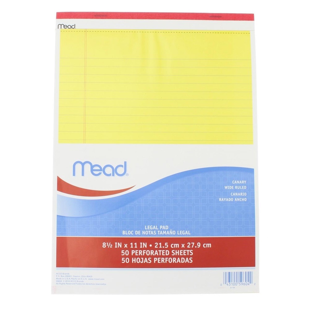 2 Pack Mead Legal Pad, Wide Ruled, 8.5in X 11in, 50 Sheets, Canary