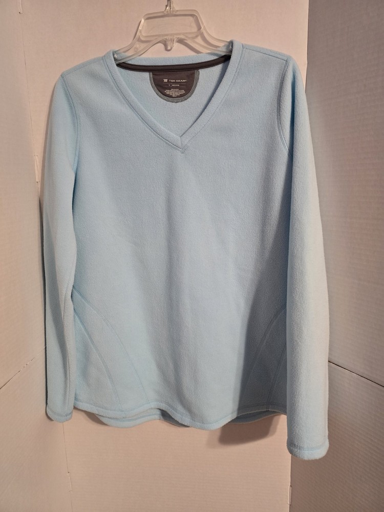 Tek Gear Top Women's Large Light Blue Long Sleeve Fleece V-Neck Sweatshirt