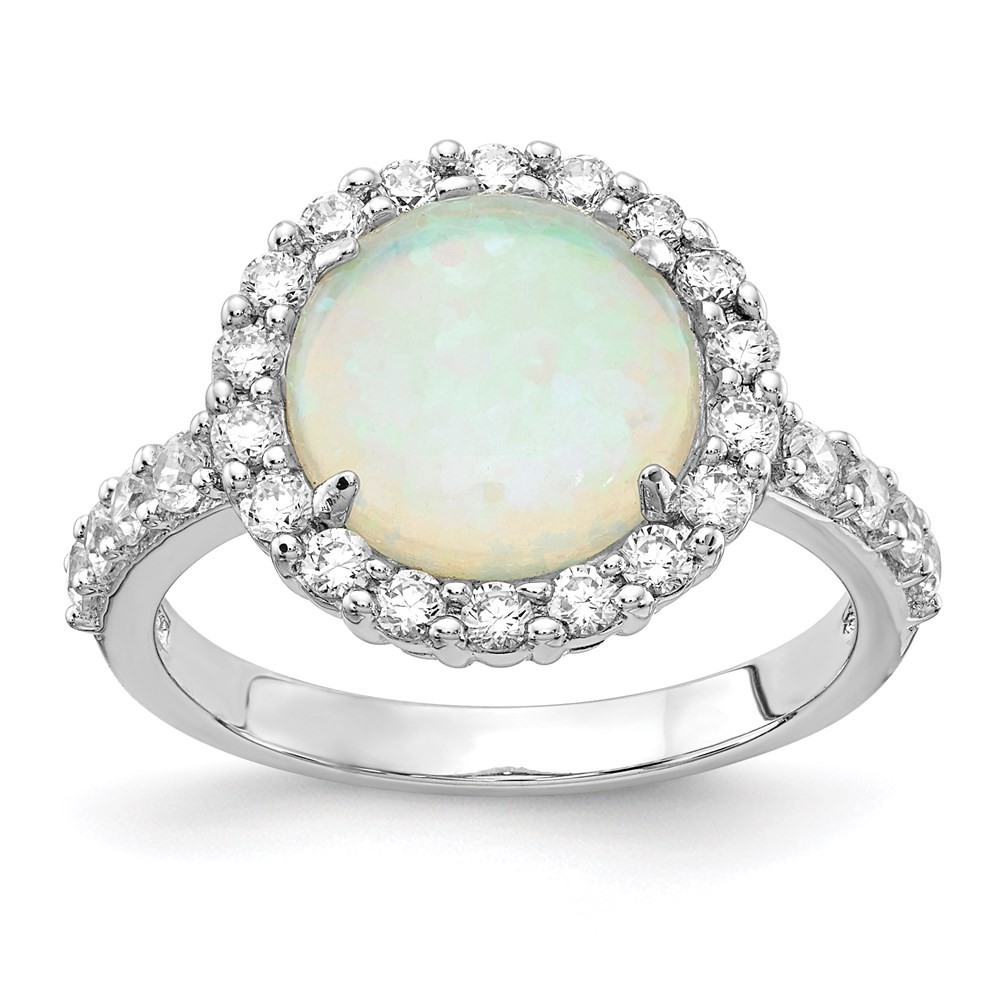 Sterling Silver Cabochon Lab Created Opal and Cubic Zirconia Halo Ring Size 7
