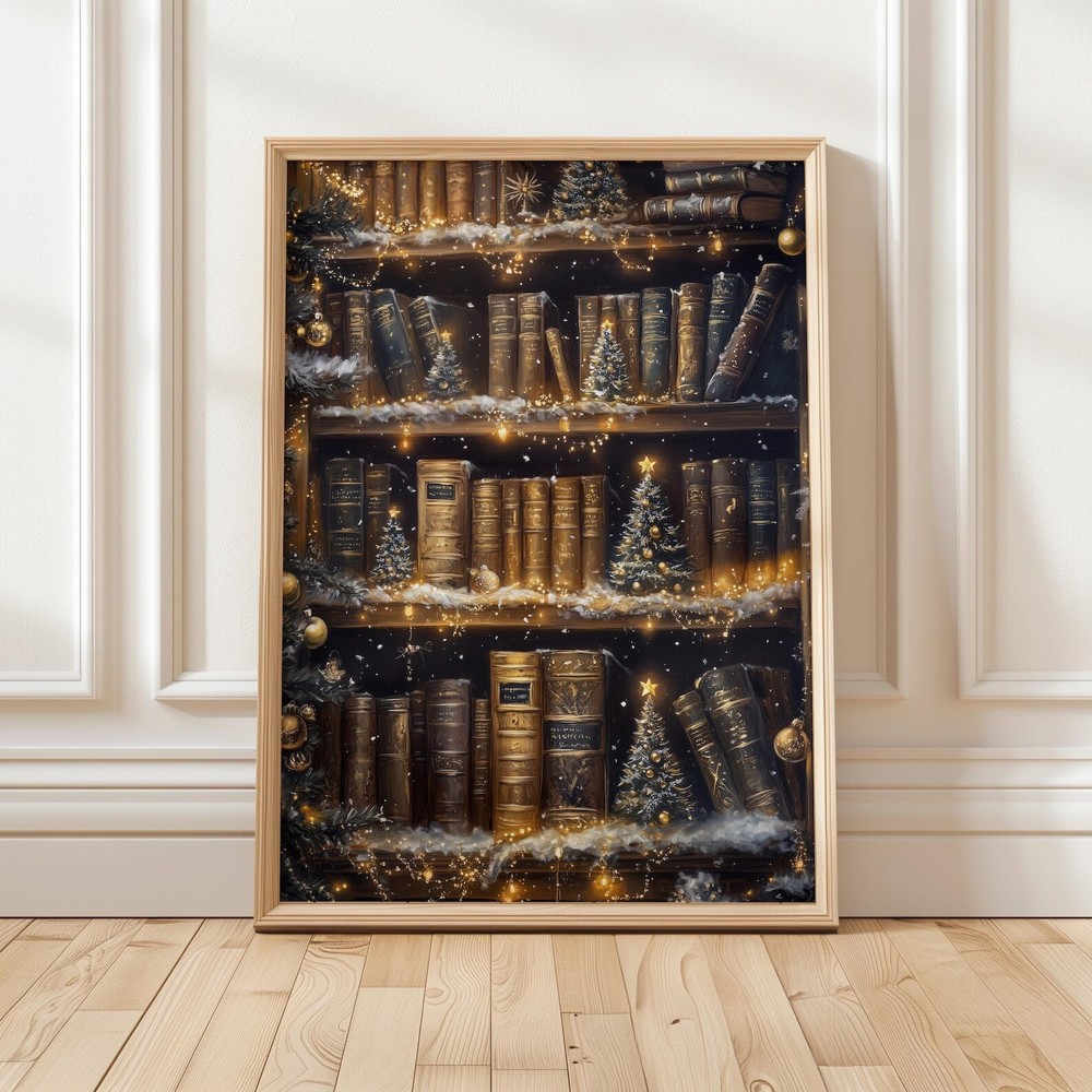 Christmas Bookshelf Art Print  Reading Nook Christmas Decor  Book Lover Holiday
