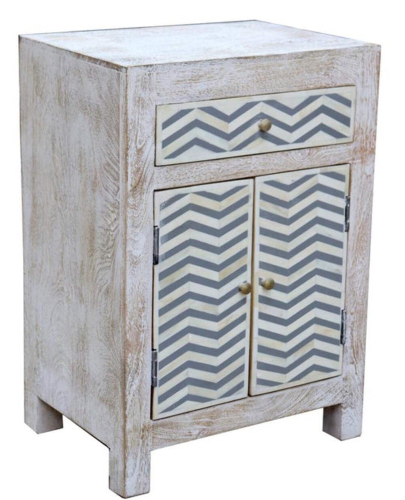 Whitewashed 2-drawer bedside cabinet with grey and white chevron bone design