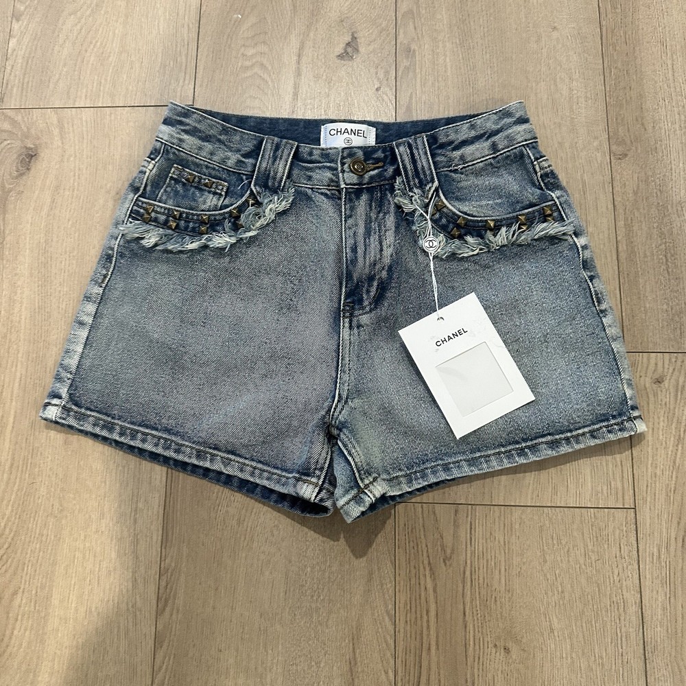 Chanel Studded Denim Shorts in EU36 with Edgy Embellishments  