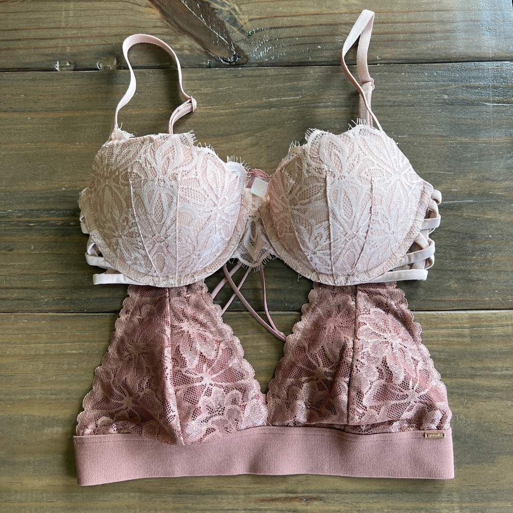 Victoria's Secret Pink 2 Piece Bra Set Pink Tones 1 Push Up 1 Bralette 32D Lace