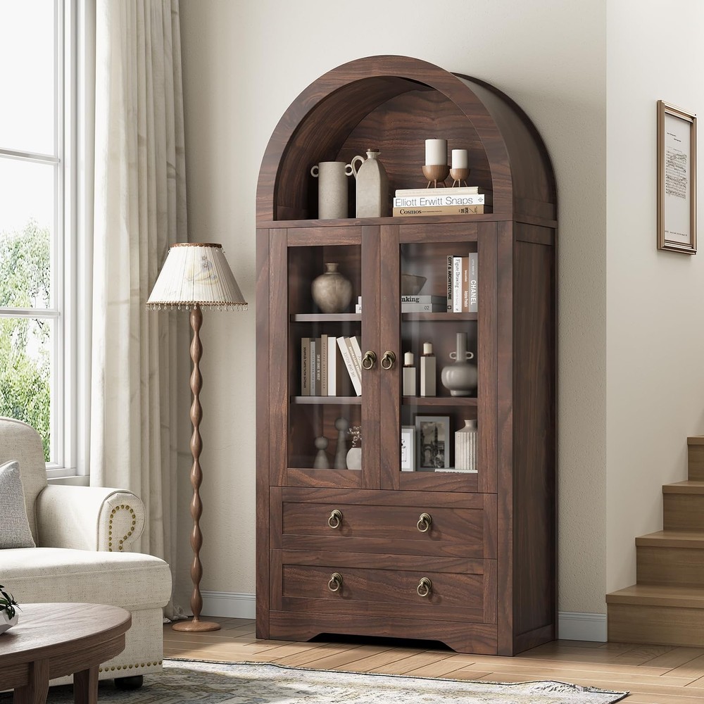 71-Inch Brown Farmhouse Bookshelf with Clear Acrylic Doors for Kitchen or Living Room Storage
