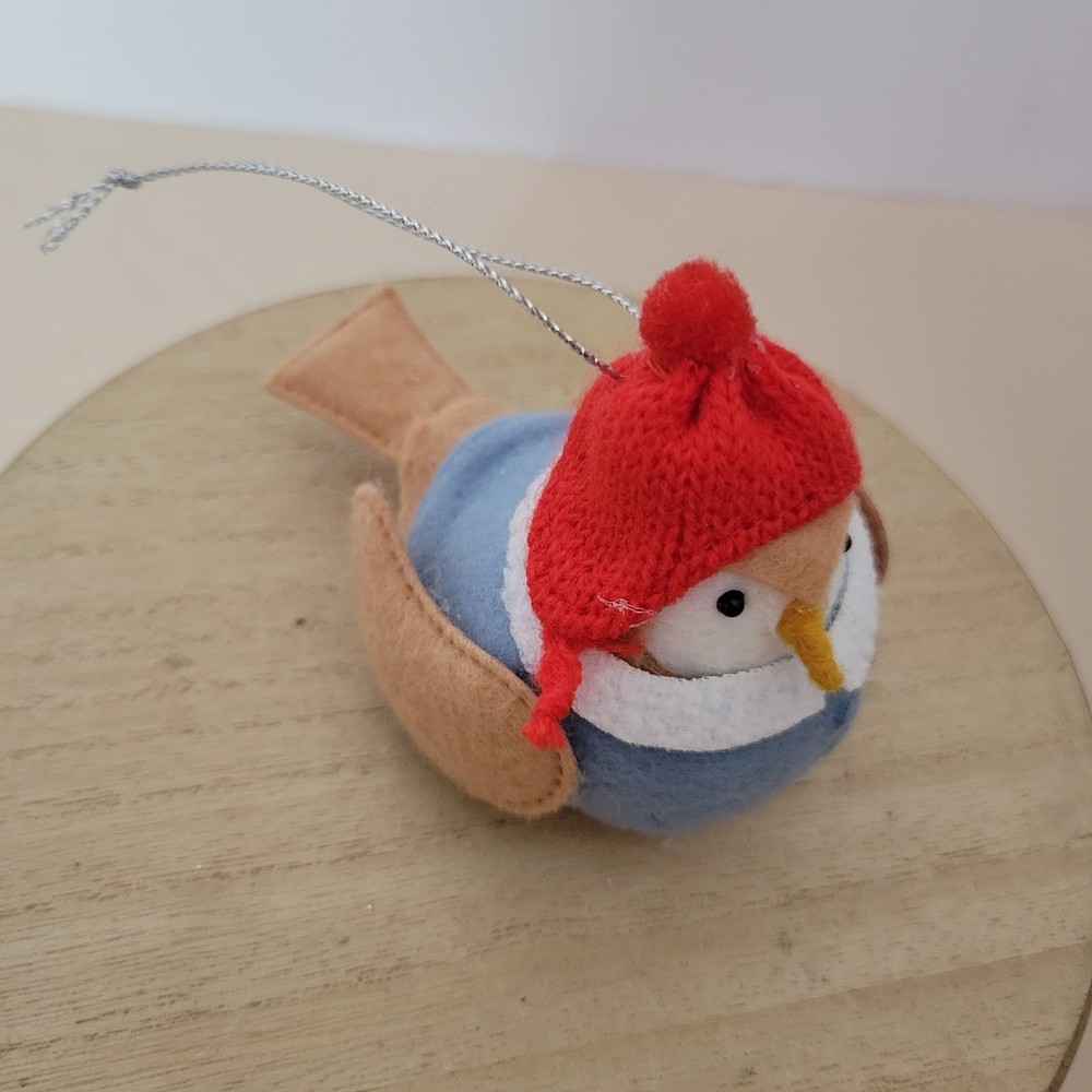 Featherly Friends Blue Felt Bird Christmas Ornament with Red Knit Hat