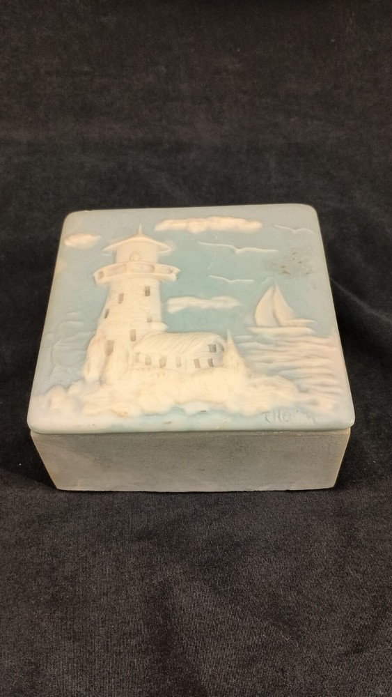 Vtg Blue Carved Soapstone Trinket Jewelry Box Lighthouse Boat DESIGN GIFTS USA