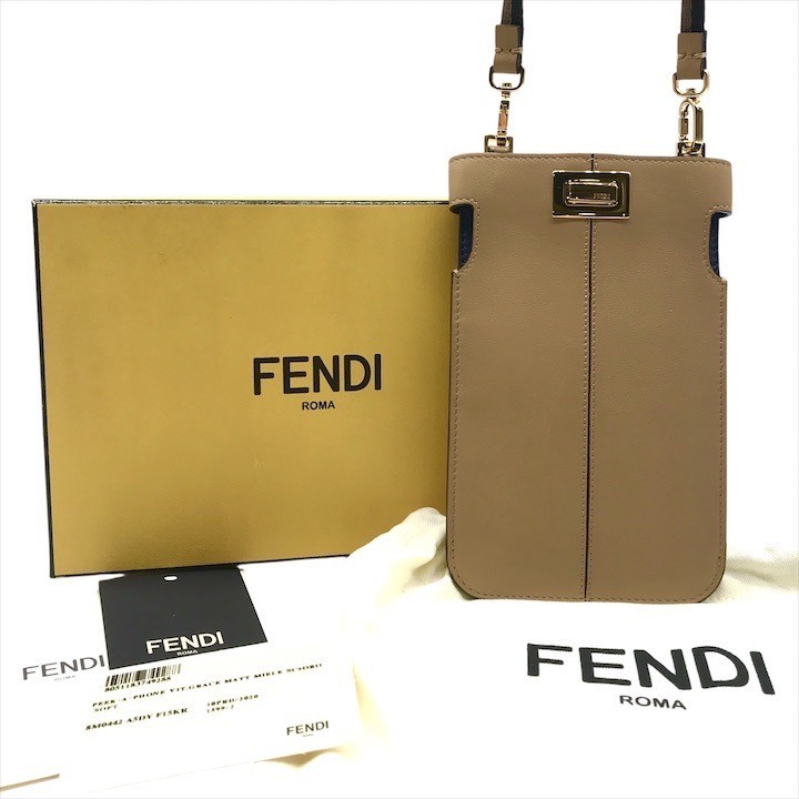 FENDI Peekaboo Phone Pouch Smartphone Shoulder Bag iPhone Beige Navy Leather Un
