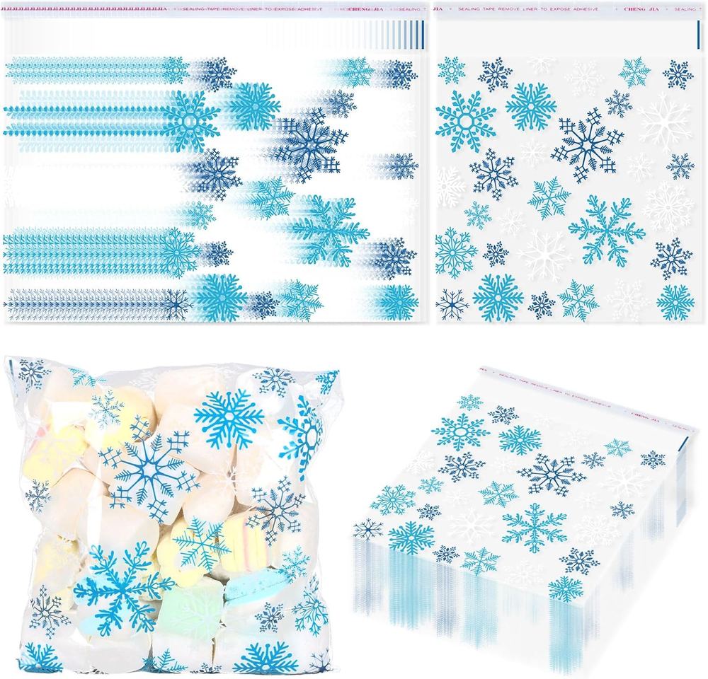 300Pcs Christmas Snowflake Cellophane Treat Bags Cute Snowflake Print Self-Adhes