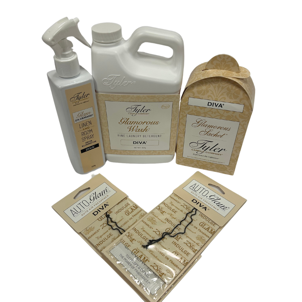 Tyler Candle Company - Diva Bundle - 32oz  Wash,  Sachet, Auto Glam, Room Spray