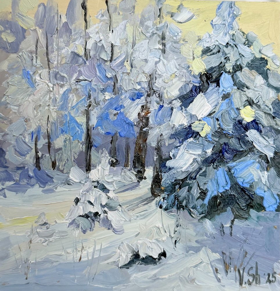 Original Oil Painting Winter Sunset Landscape Forest Impressionism Art Signed