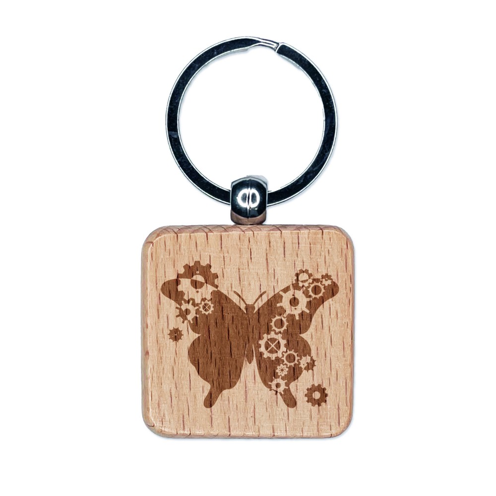 Steampunk Butterfly Gears Engraved Wooden Square Keychain