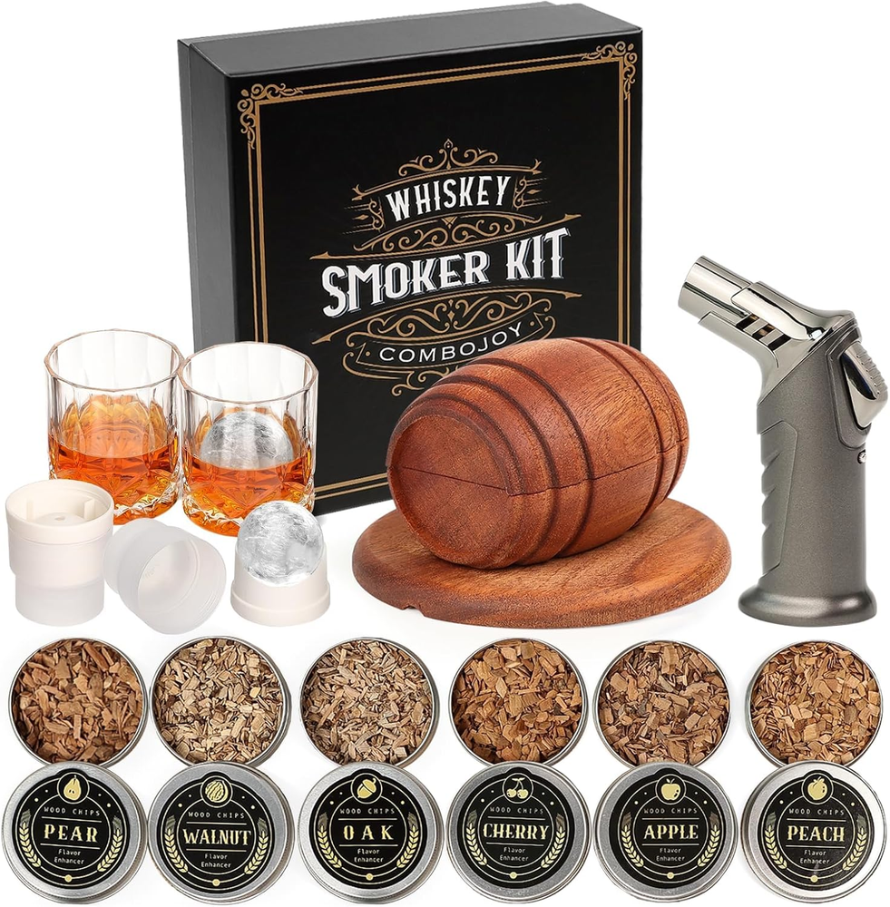 Whiskey Smoker Kit with Torch - 6 Flavors Wood Chips, 2 Glasses, 2 Ice Ball Mold