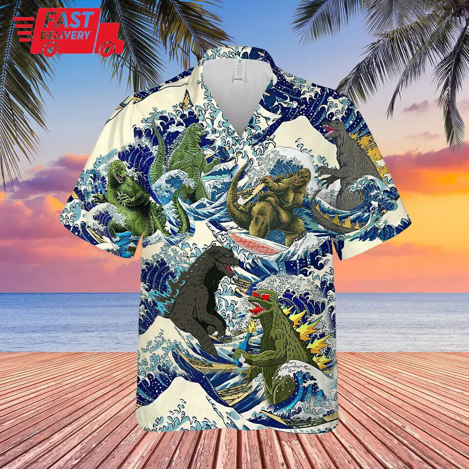 Godzilla Surfing Unisex Hawaiian Shirt with 3D Vintage Design for Beach Style at the Best Price New
