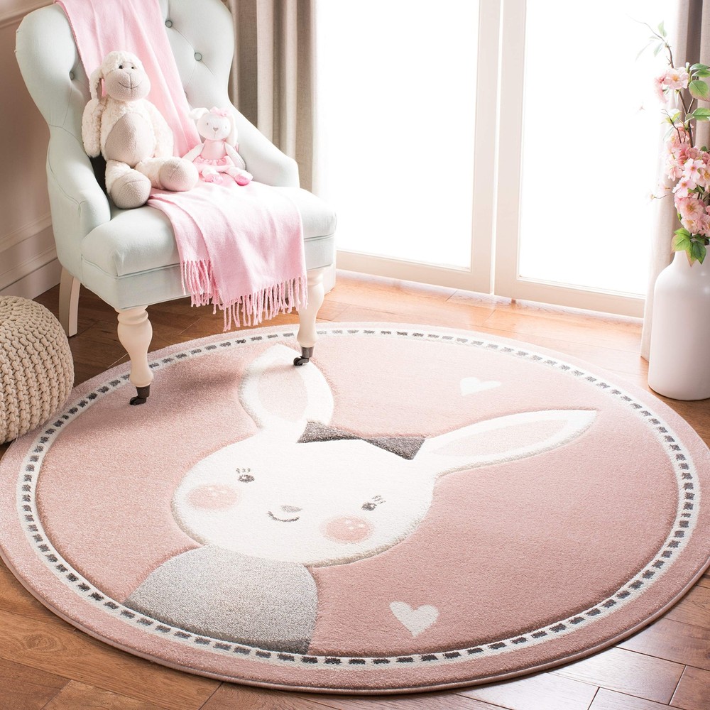 Carousel Collection 3' Round Pink/Ivory CRK166P Bunny Non-Shedding Nursery Pl...
