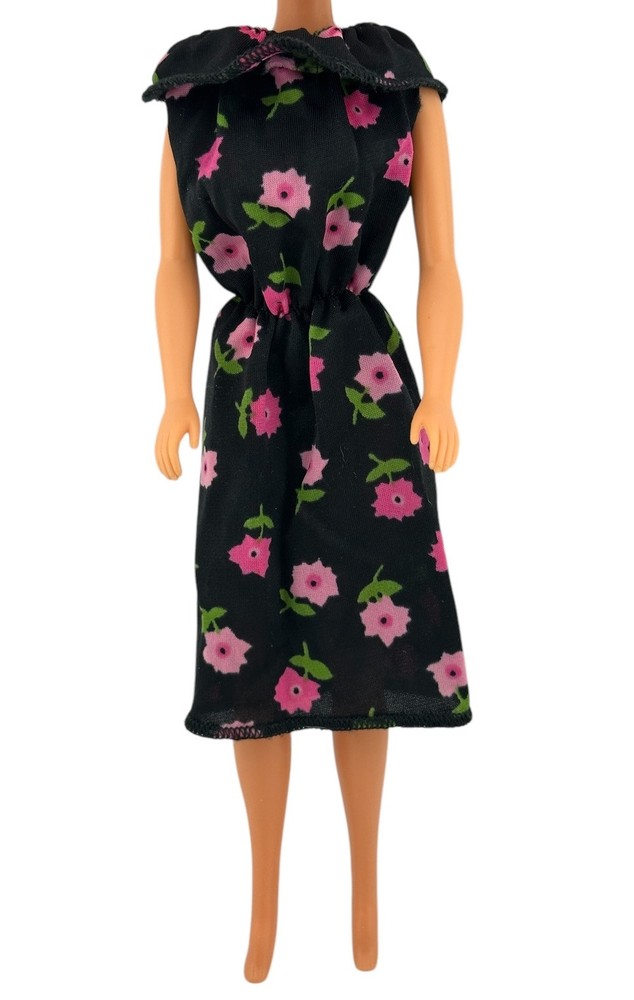 Vintage Fashion Doll Summer Dress Black Flowers Floral Ruffle Off Shoulder