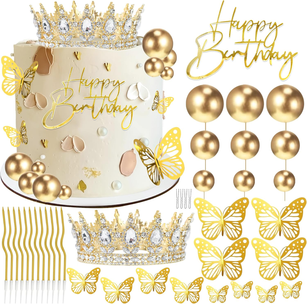 Crown Cake Topper, Gold Happy Birthday Cake Toppers Crown Balls Candles Butterfl