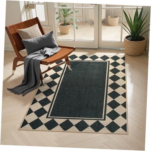 Checkered Washable Jute Rug 3x5 for Indoor Outdoor Patio Use