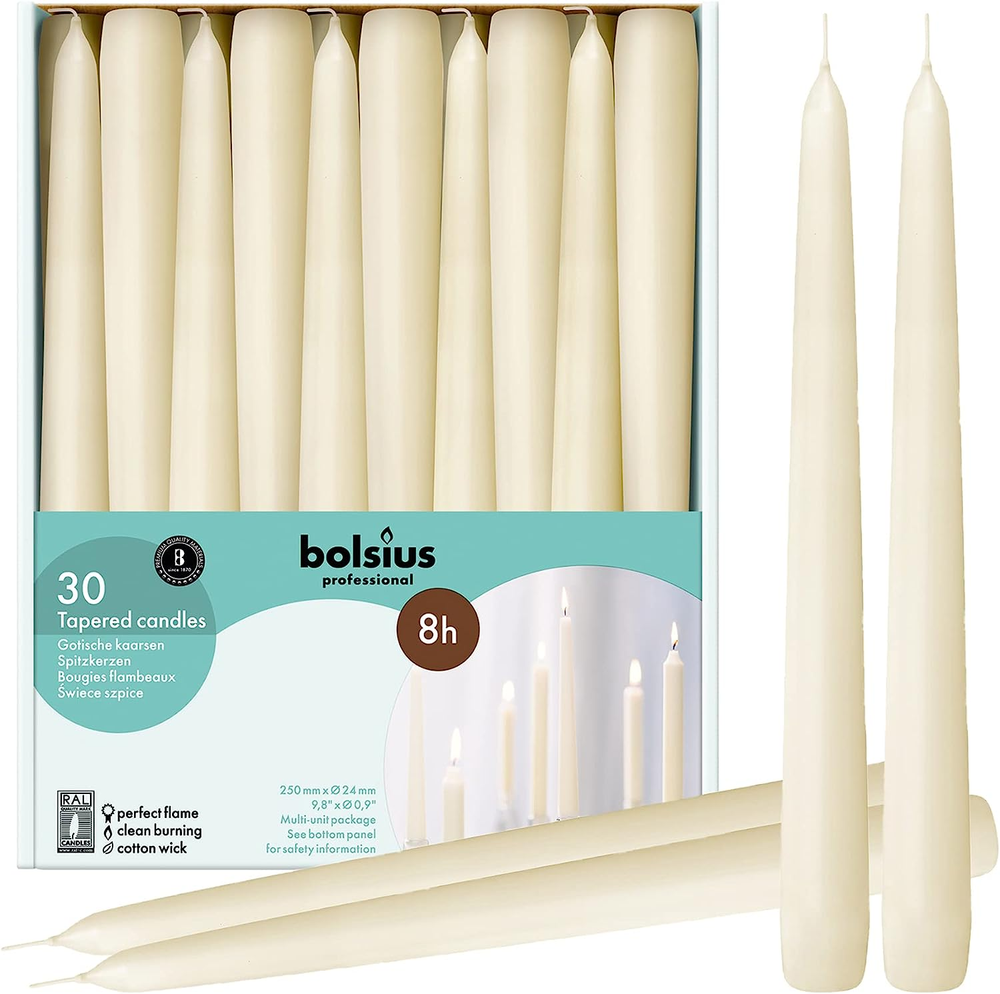 BOLSIUS 30-Pack Ivory Taper Candles 10 Inch Premium European Household Candles