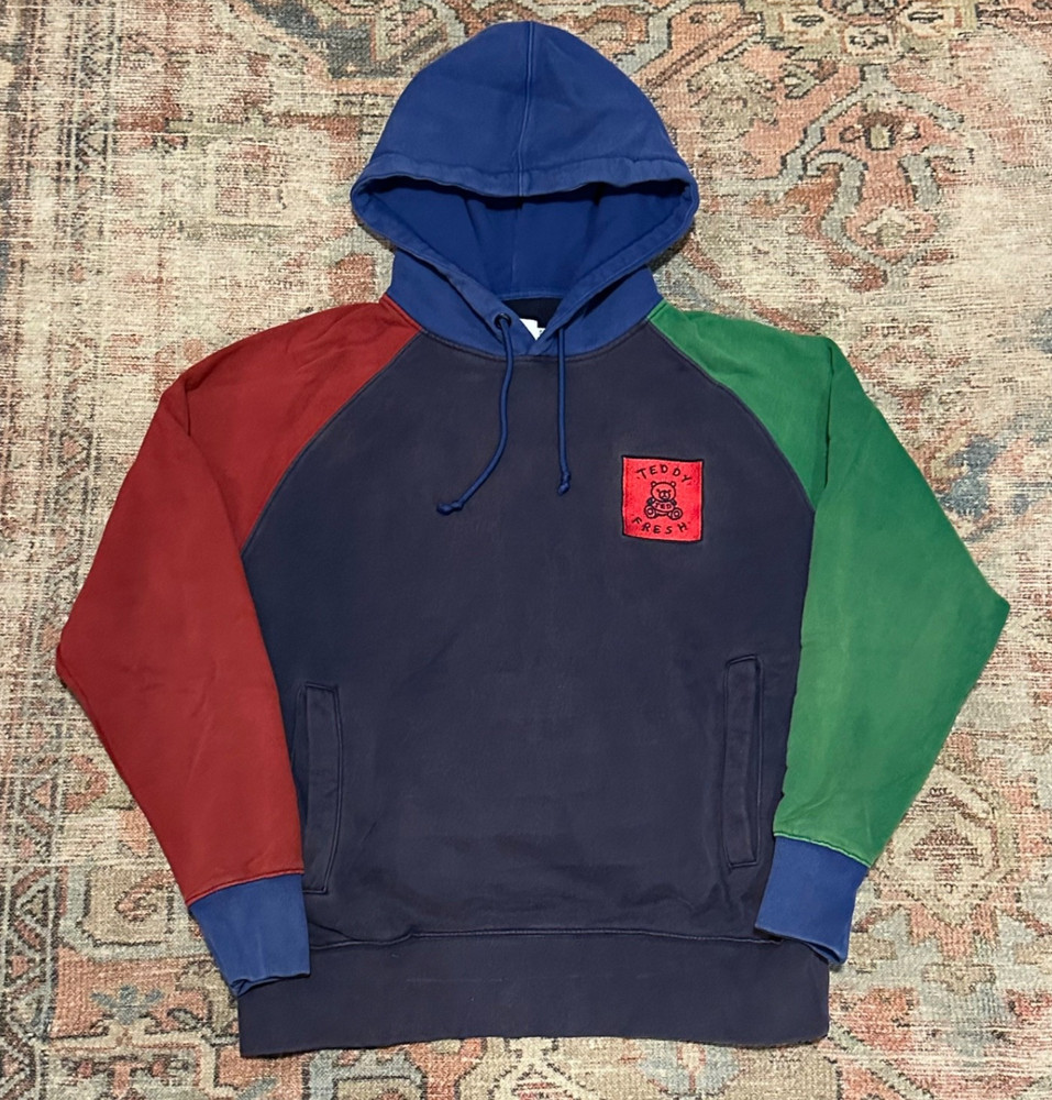 Teddy Fresh Hoodie Mens Small Blue Green Colorblock Logo Bear Pullover Casual