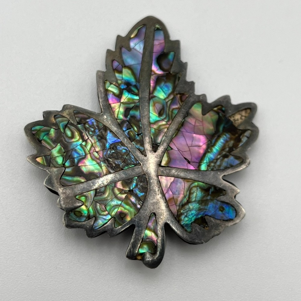 Vintage 925 Taxco Mexico Maple Leaf Abalone Brooch Pin Sterling Silver 7g