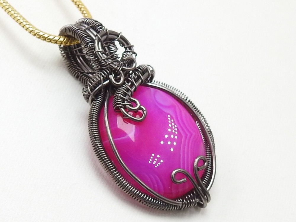 Pink Strip Agate Brass Pendant Silver Oxidised Polished Wire Wrapped Jewelry