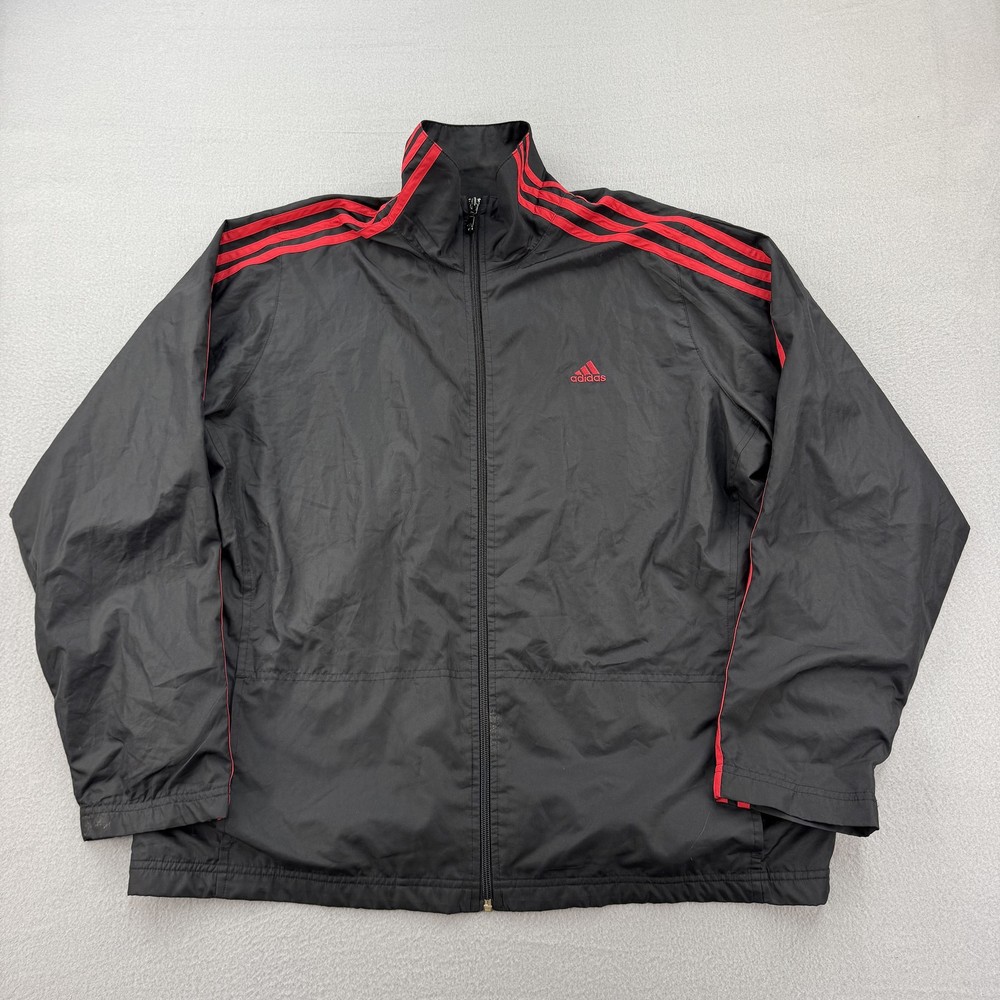 Adidas Mens XL Black Red 3-Stripes Full Zip Track Windbreaker Jacket