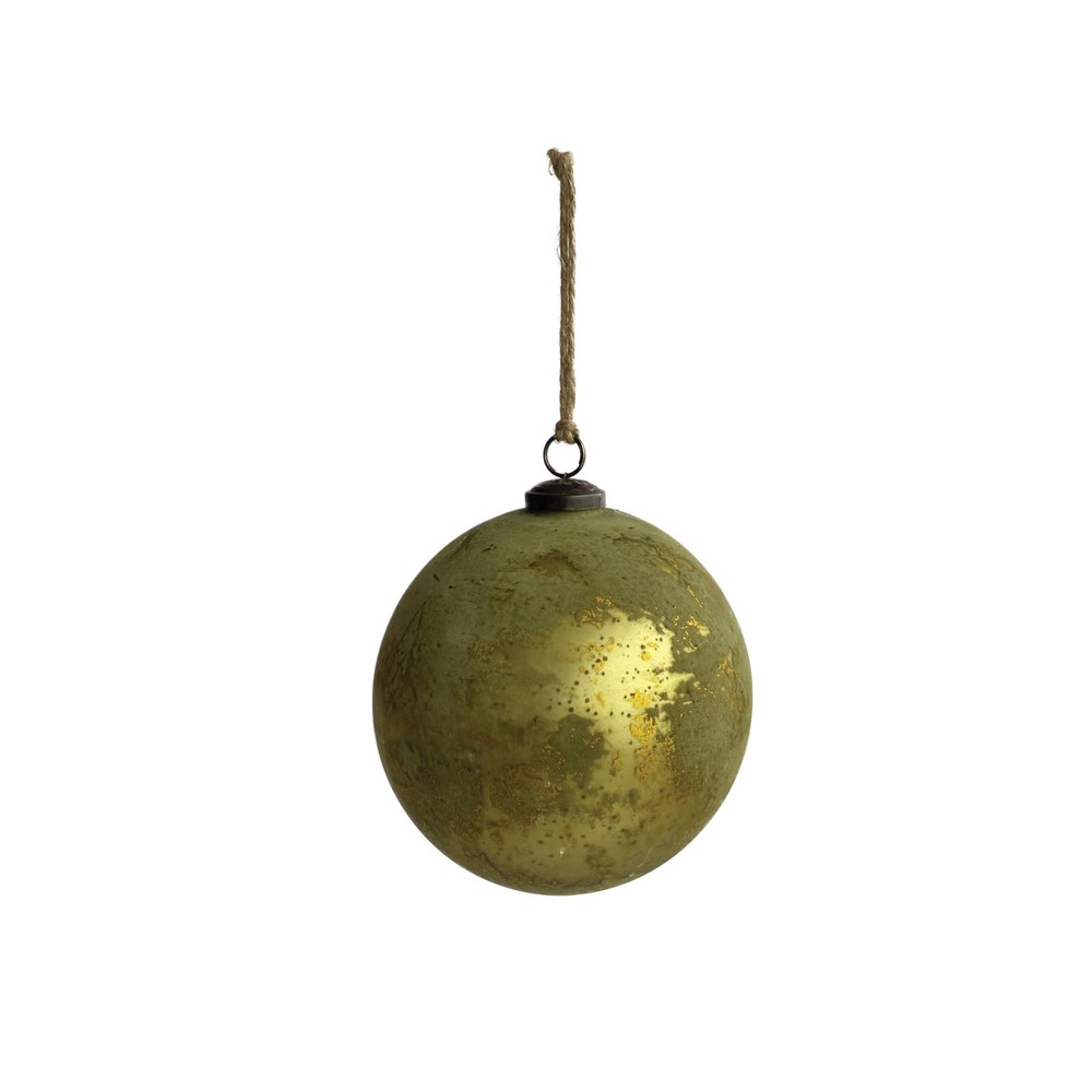 Round Glass Ball Ornament Matte Olive Green Gold Distressed Finish Holiday Decor
