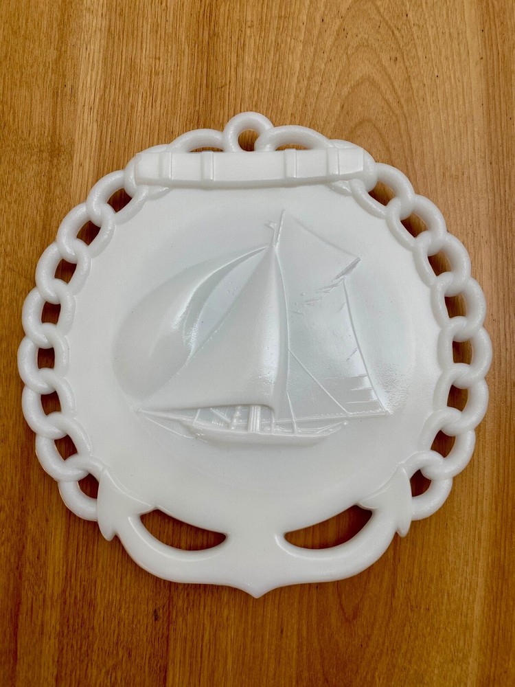 Vintage Westmoreland Milk Glass Plate 7.5 Inch Sailboat Anchor Design Excellent Condition
