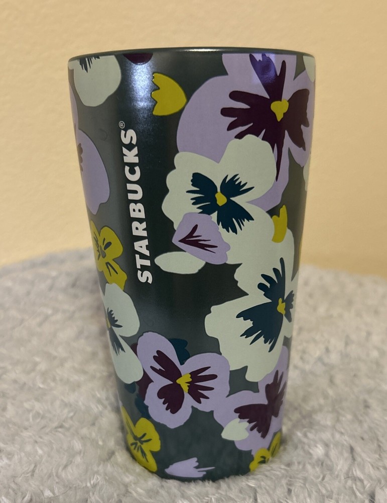 STARBUCKS Lilac & Green Pansy Double Wall Ceramic 12oz Travel Mug 2020