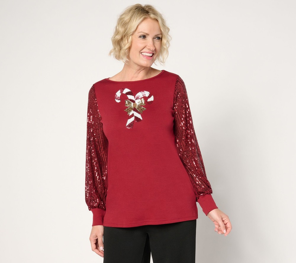 Quacker Factory Women's Top Sz M Bateau Neck Sequin-Sleeve Red A671339