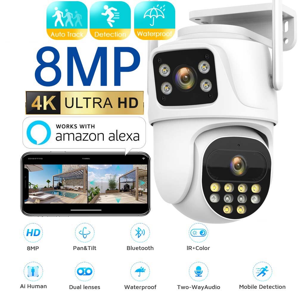 Dual Lens ICSEE 8MP 4K WiFi IP Camera PTZ Outdoor Security IR Camera