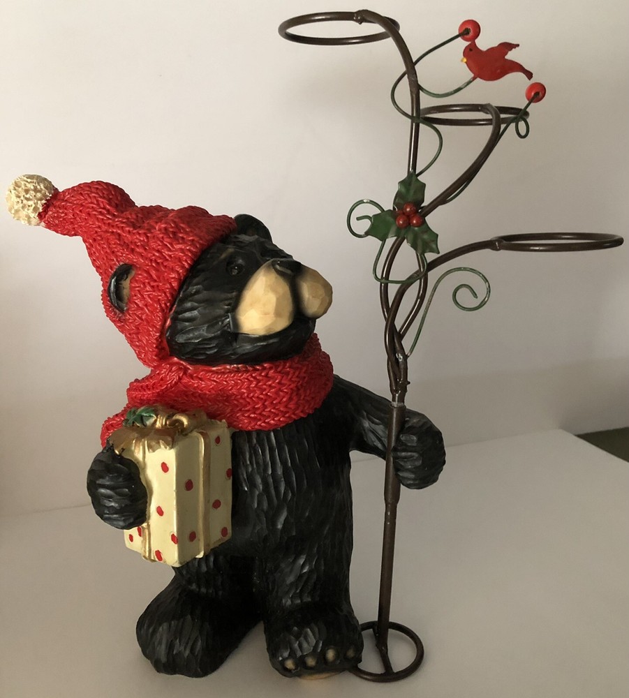 Black Bear Looking At red Cardinal Christmas candle Holder 2 pc Holiday figure