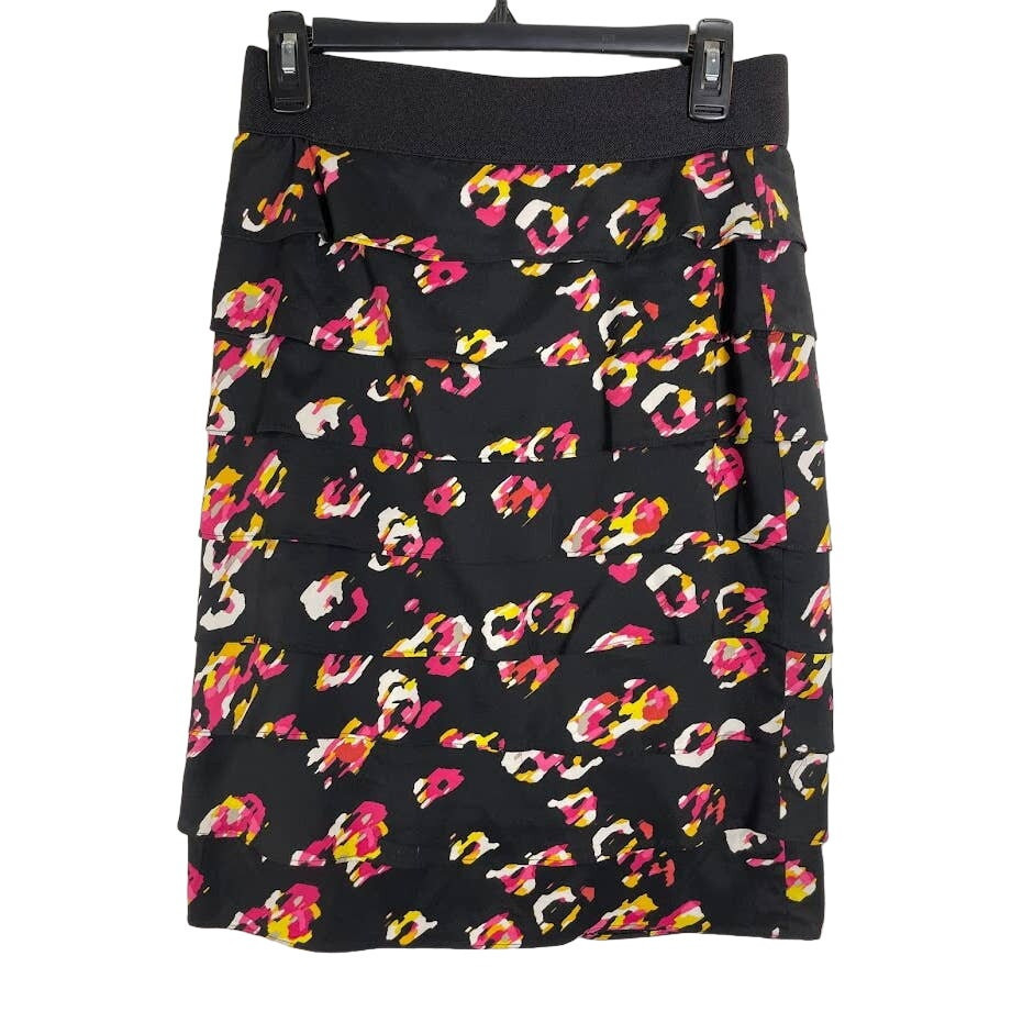 Black Floral Ruffle Layered Pink Pencil Skirt Womens Size 2 Stretch Waist