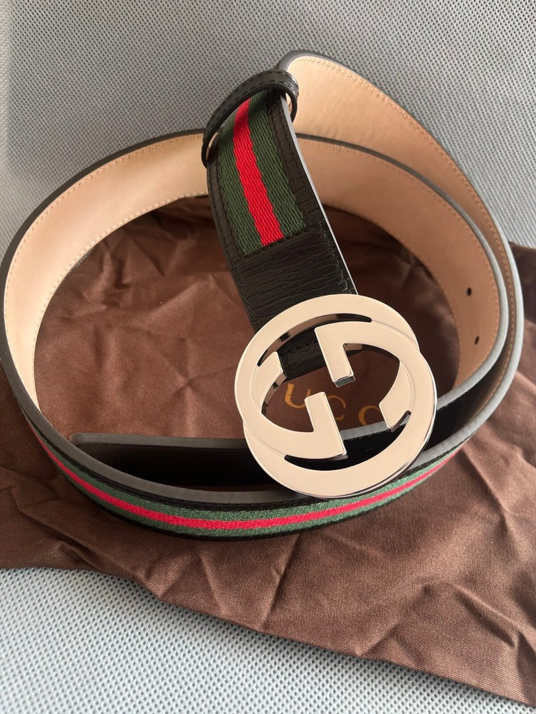 Gucci GG Silver Buckle Web Belt in Black Green Red Size 90 Fits 30w
