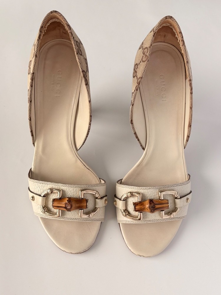 GUCCI Horsebit Bamboo White Leather Canvas Open-Toe Sandals Size 38 US 7