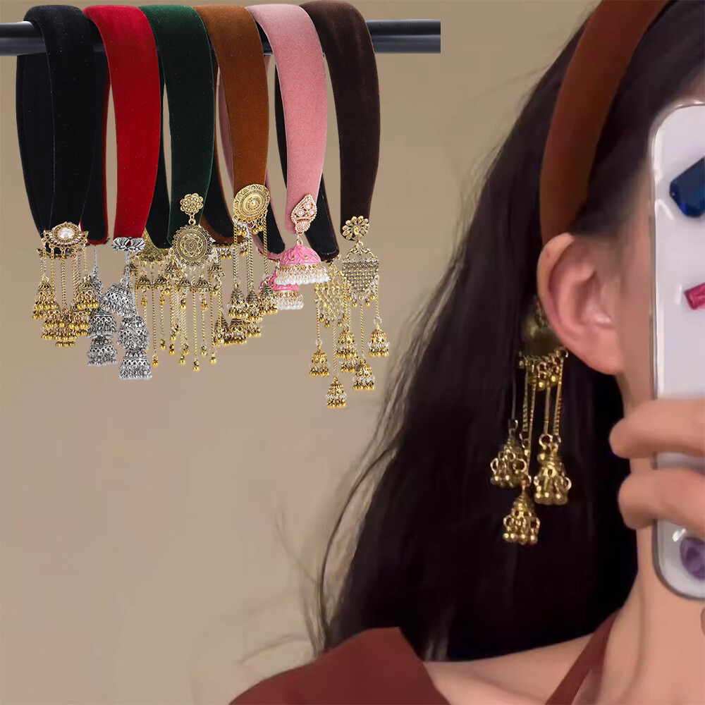 Bohemian Velvet Tassel Hairband with Jhumka Earrings Ethnic Style Headpiece